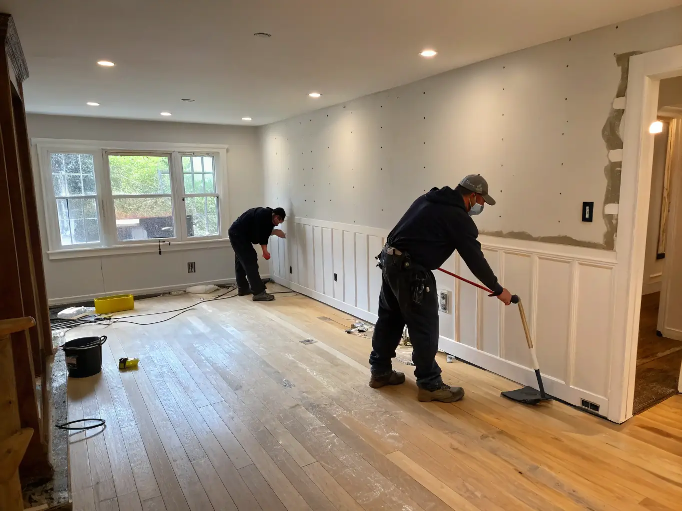 A homeowner smiling as a Mr. Painter technician expertly repairs a section of drywall in their living room, showcasing the drywall repair service.
