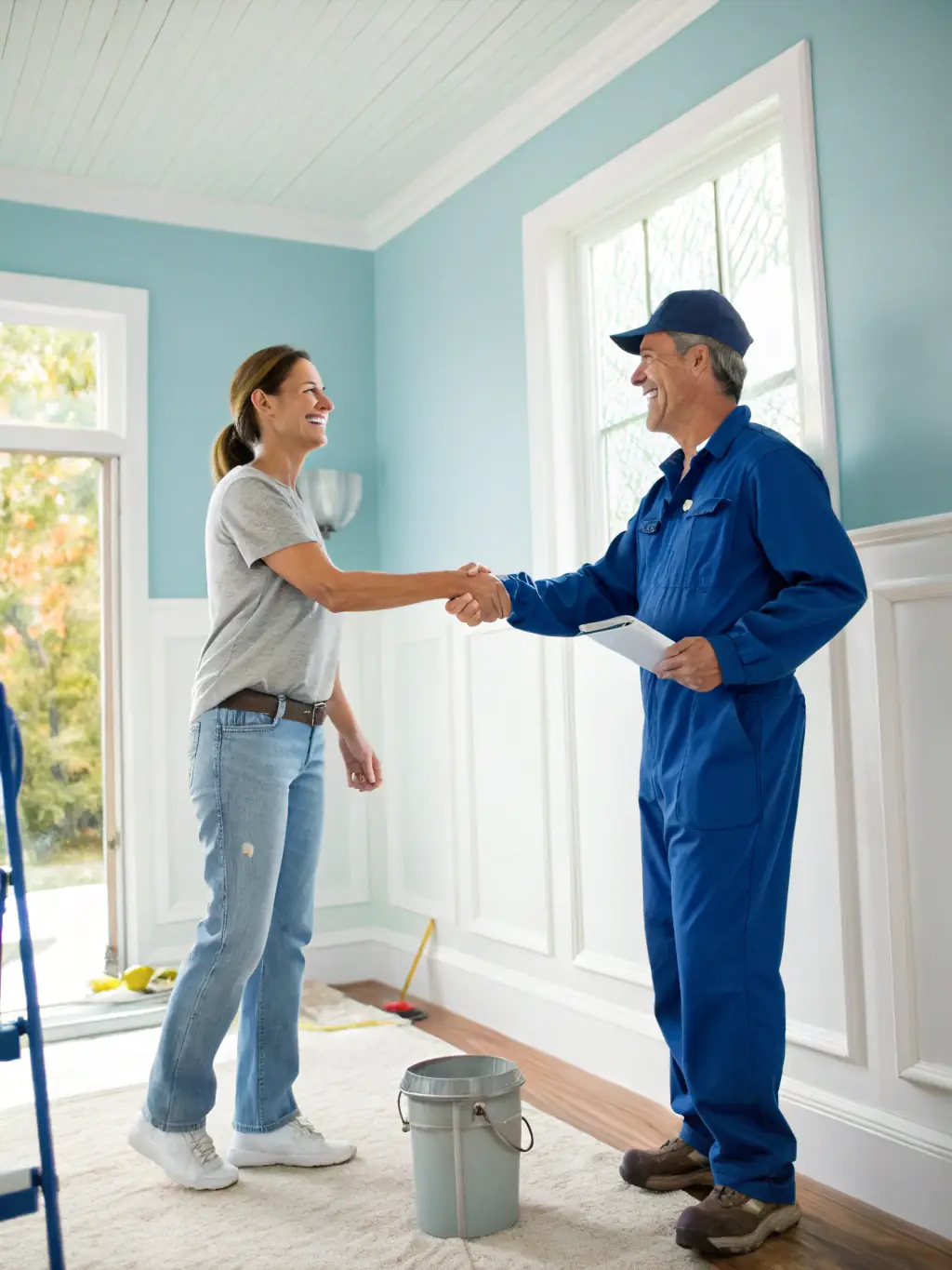 A smiling customer shaking hands with a Mr. Painter employee in a freshly painted room, symbolizing customer satisfaction and trust.