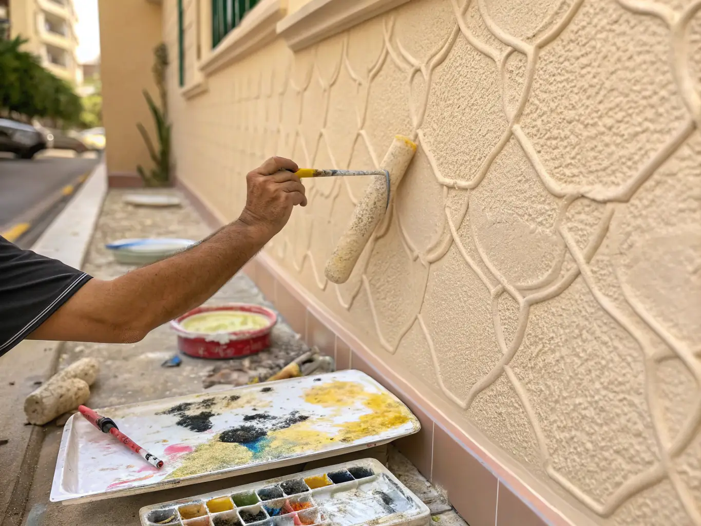 A close-up shot of a Mr. Painter technician applying a smooth finish to a wall, highlighting the surface finishing service.