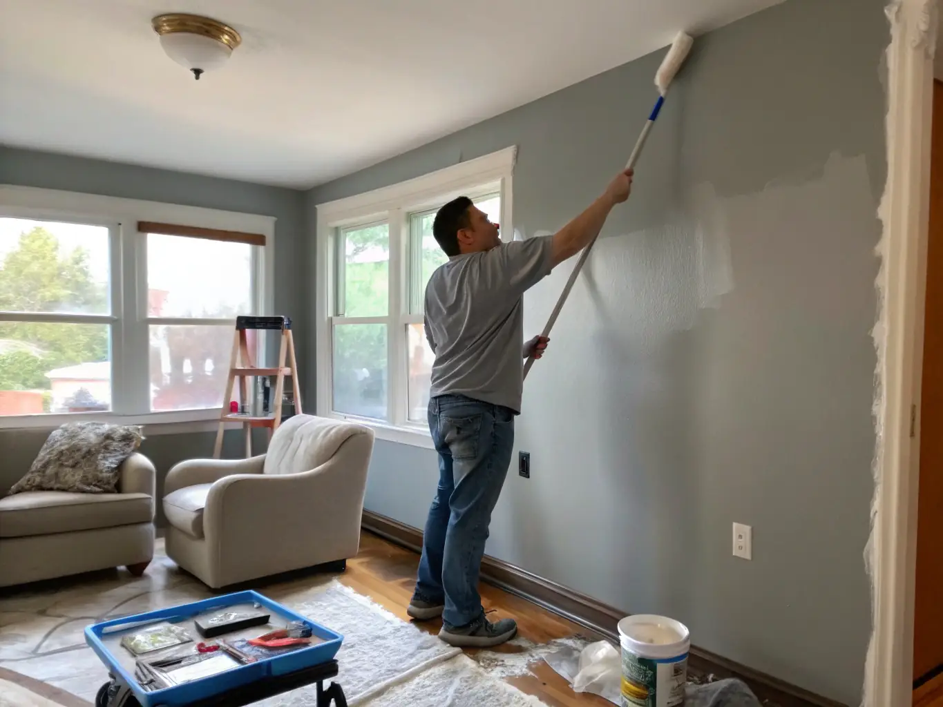 A painter carefully applying a fresh coat of paint to the interior wall of a living room, showcasing precision and attention to detail.