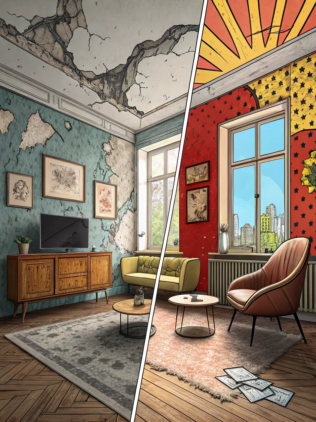 A before-and-after shot of a room transformation, showcasing the dramatic impact of Mr. Painter's services.