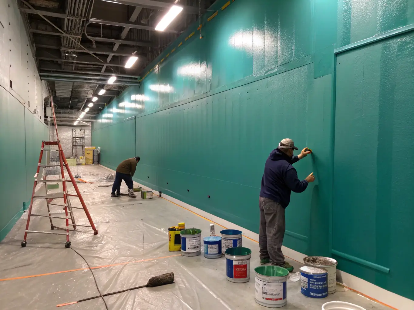 A commercial space being painted, with painters using professional equipment to ensure a smooth and even finish on the walls.